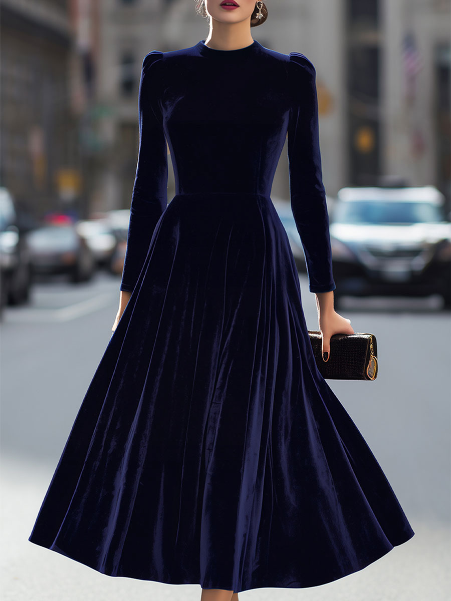 ELOWON | NAVY BLUE LONG-SLEEVE MIDI DRESS