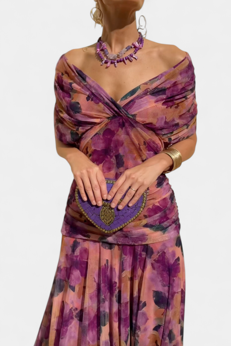 Flora™ - Long Floral V Neck Dress