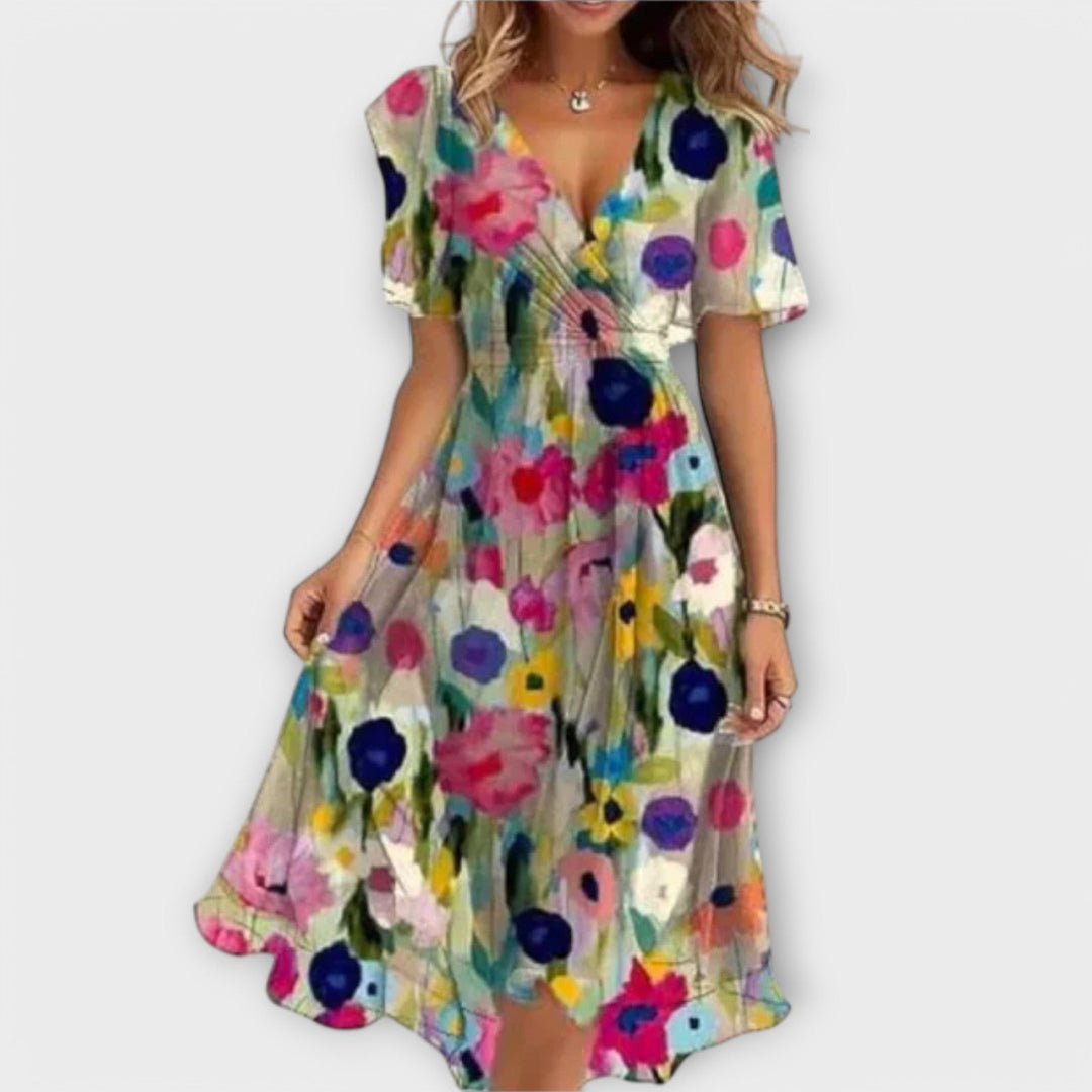 ISOIDE™ - FLORAL V-NECK WRAP MIDI DRESS